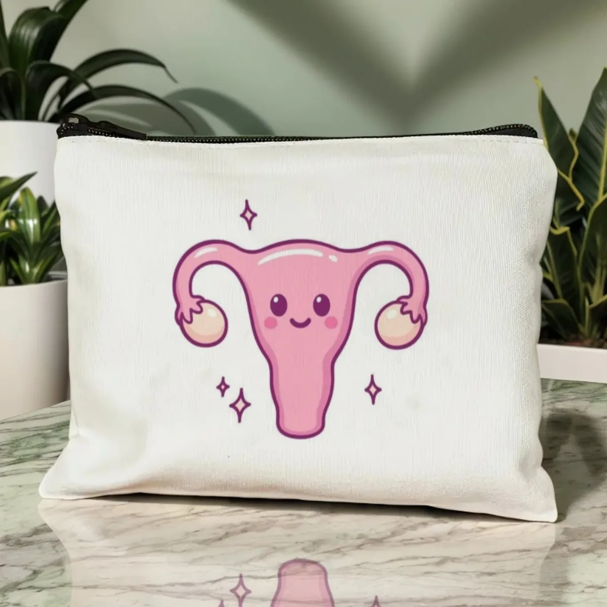 Trousse de maquillage pour l'utérus de dessin animé mignon, portefeuille rose Blush avec confettis souriants et cœur, cadeau idéal amusant pour les OBGYN et les médiums