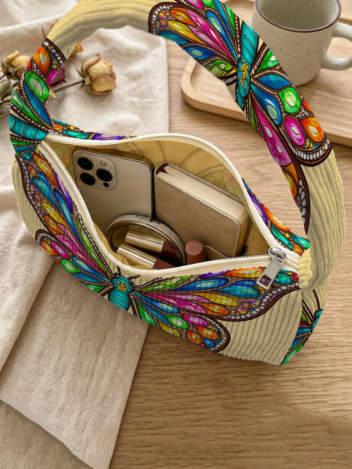 sac à bandoulière tendance à imprimé papillon coloré, sac sous le bras en velours côtelé beige pour un usage quotidien décontracté