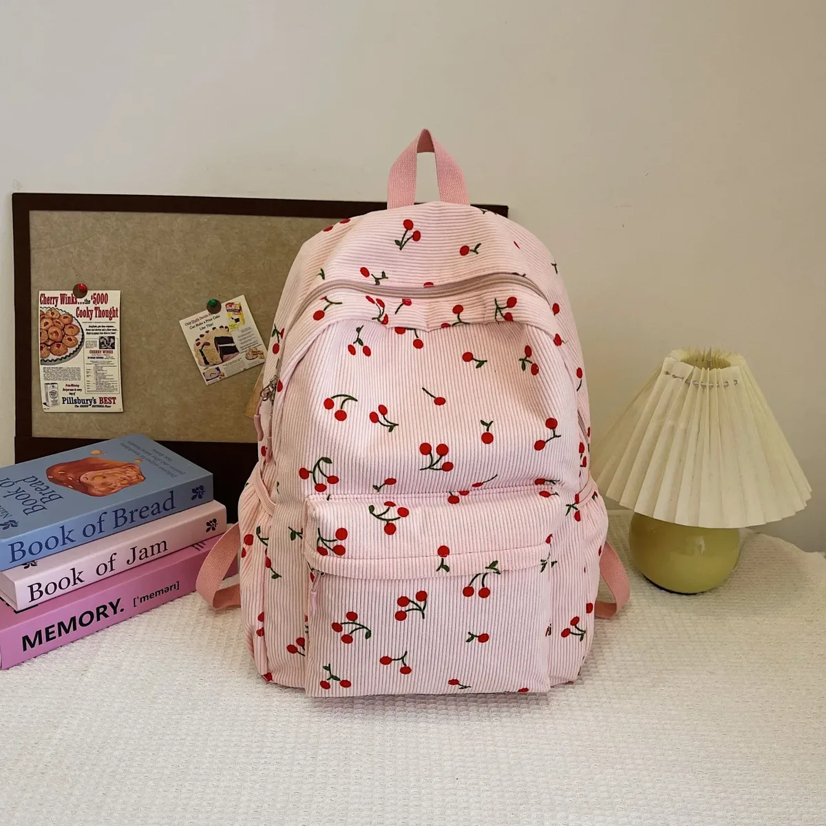 sac à dos personnalisé en velours côtelé cerise, sac de voyage universitaire brodé personnalisé, sac pour enfants avec toute lettre, cadeau de noël unique