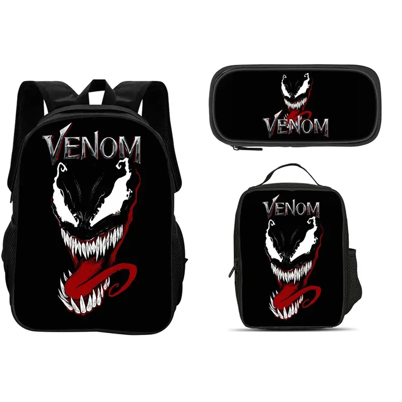 ensemble de 3 pièces du film venom : sac à dos + sac à lunch + trousse à crayons, papeterie de voyage à la mode, cadeau pour enfants, école, polyvalent
