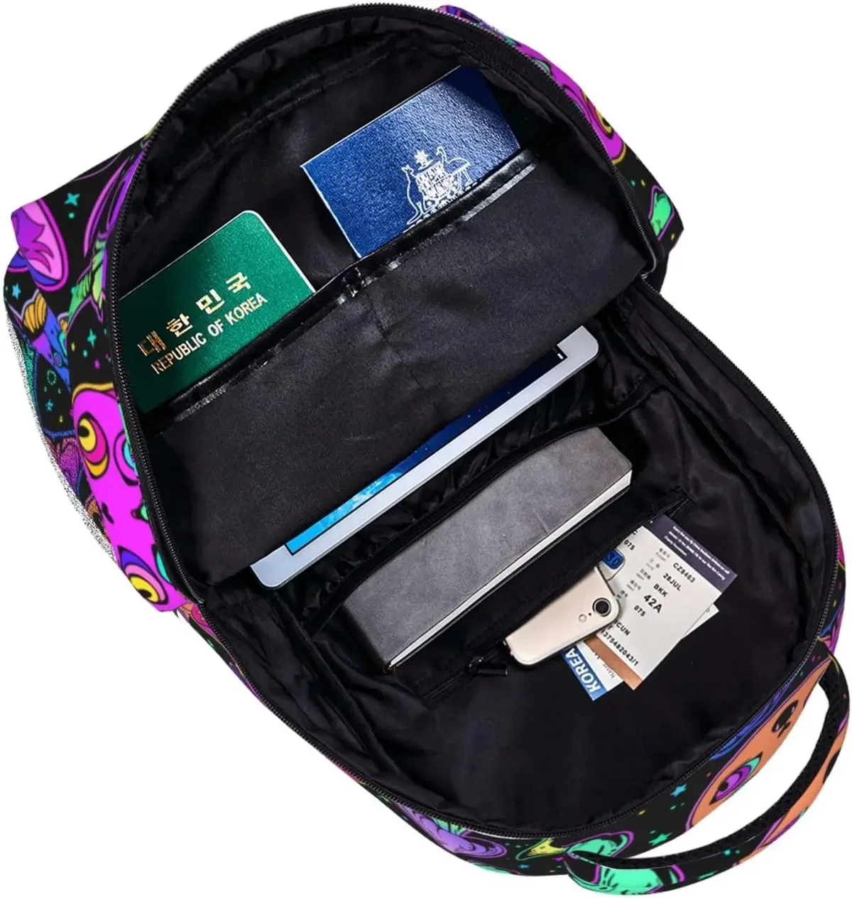 sac à dos trippy eyes avec sangles rembourrées pour voyage et camping, sac à dos antivol, noir, décontracté, halloween, chat, chambres plus lentes