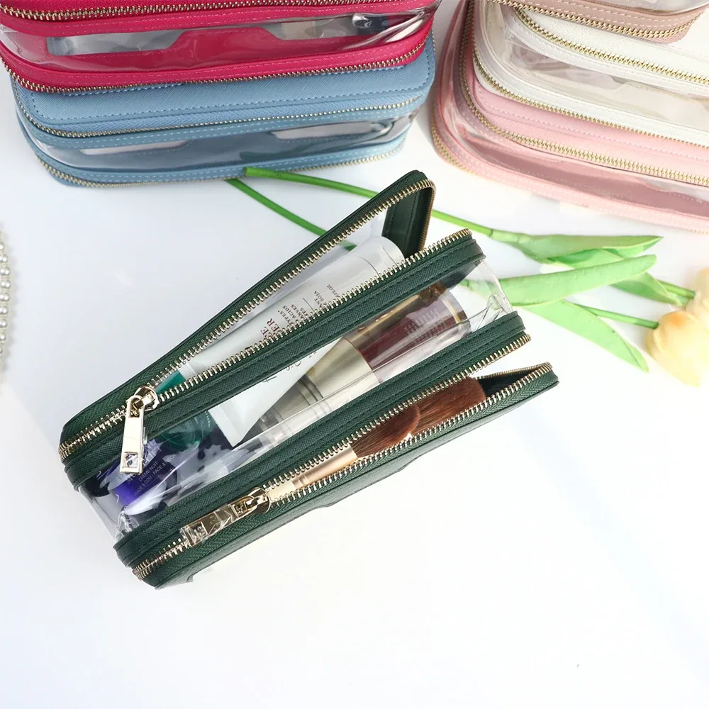 sac de toilette en cuir pu + tpu transparent avec nom personnalisé, trousse de maquillage portable de voyage, sac de rangement étanche de grande capacité