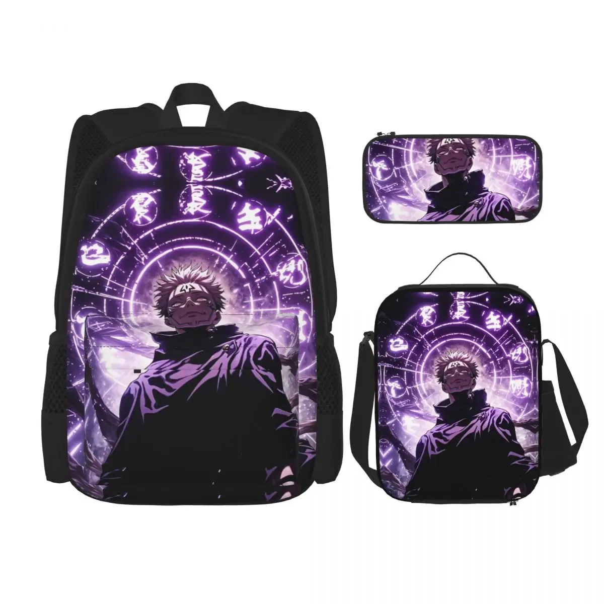 sac dos polyester noir motif animé format grand volume usage étudiant lycéen informatique bandes latérales pochette stylos sac main assorti