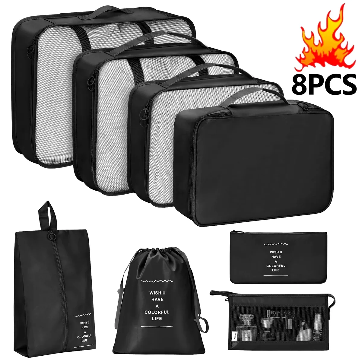 organisateur voyage sacs rangement polyester beige noir chaussures vêtements cube pliant accents double glissières transport usage