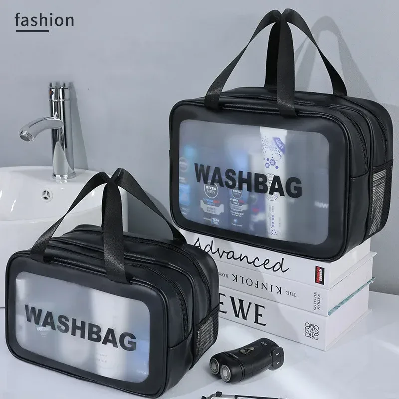 sac de maquillage double transparent en pu avec séparation sec-humide, sac de lavage portable, sac de rangement pour cosmétiques, essentiels de voyage, fitness et natation.
