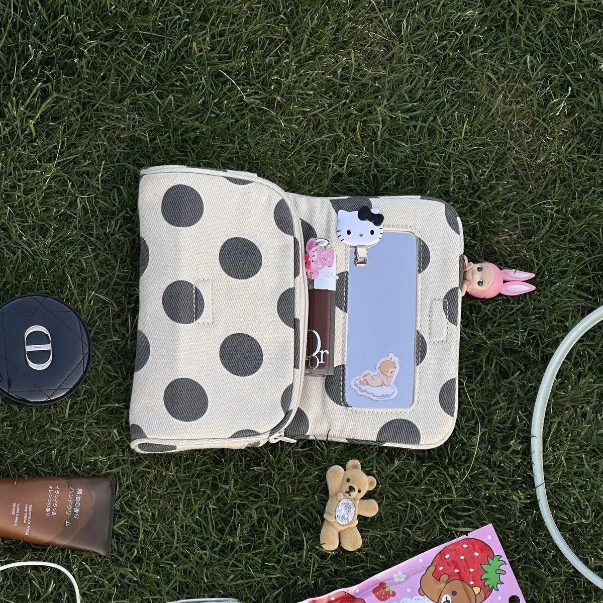 grande trousse de maquillage portable à pois et rayures en toile, sac de rangement de voyage, style ins, grande valeur esthétique, idéal pour le quotidien