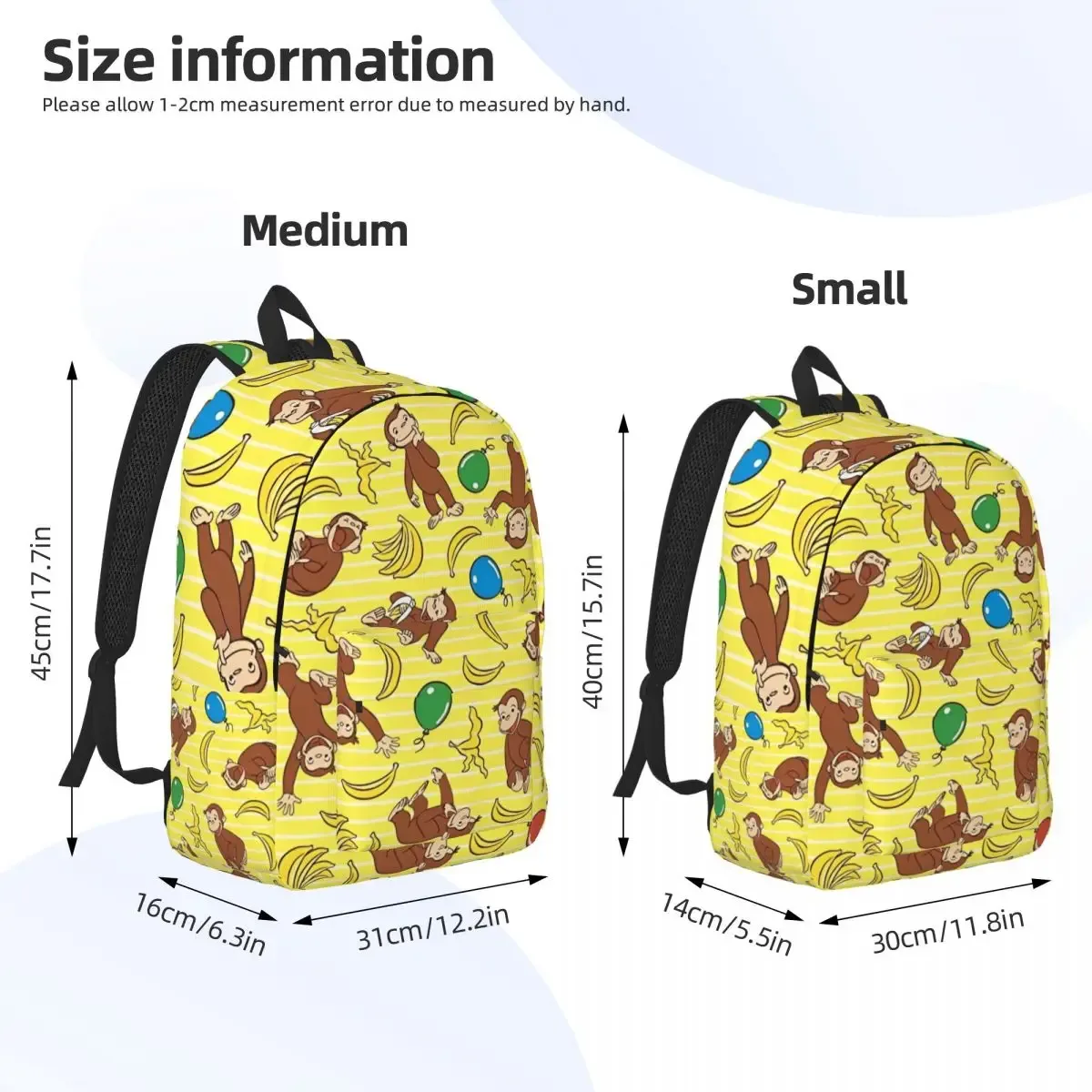 sac dos toile polyester jaune vif singes bananes ballons rayures horizontales poche intérieure fendue fermeture éclair transport journalier