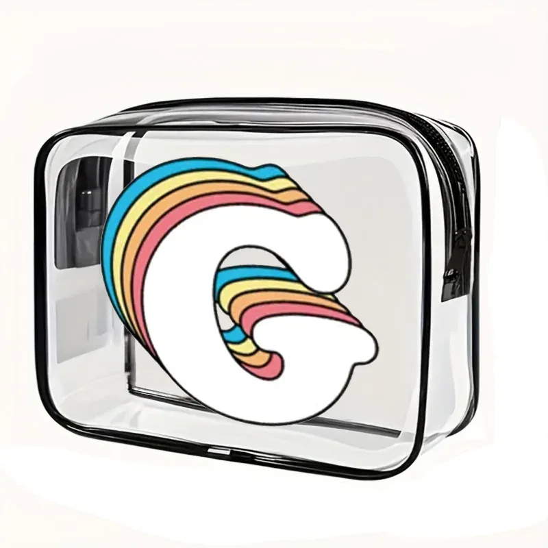 organisateur voyage cosmétiques pvc translucide poignée noire motif arcs-en-ciel lettre grande capacité format tonneau sac compression