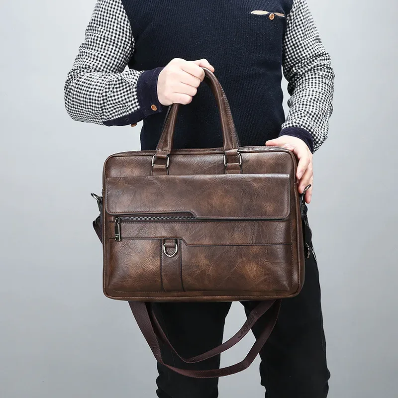 hommes huile cireux cuir antique design noir mallette d'affaires 16 "étui à documents pour ordinateur portable attache sac de messager fourre-tout portefeuille