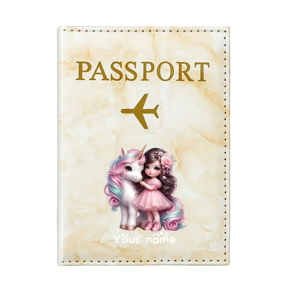 porte-passeport en pu à motif licorne pour fille, avec icône d'avion doré, porte-cartes, portefeuille de voyage, cadeau pour les voyageurs et les professionnels
