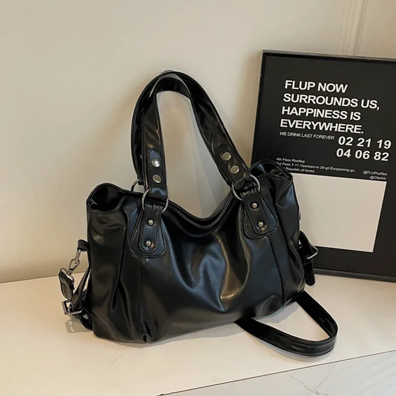 sac fourre-tout classique rétro décontracté de couleur unie, sac à bandoulière en pu de grande capacité, sac à main en cuir souple à la mode et polyvalent pour les trajets quotidiens