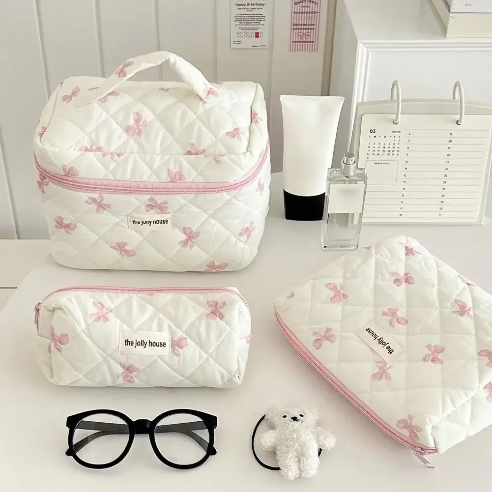 sac de maquillage imprimé nœud coréen pour femmes, trousse à cosmétiques portable de grande capacité pour voyage, sac de rangement pour articles de toilette et cosmétiques