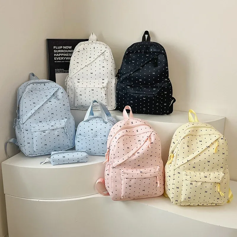 sac à dos en nylon à pois avec boîte à lunch et trousse à crayons, ensemble de sacs à livres pour étudiants, grande capacité pour adolescentes, filles et femmes, 3 pièces