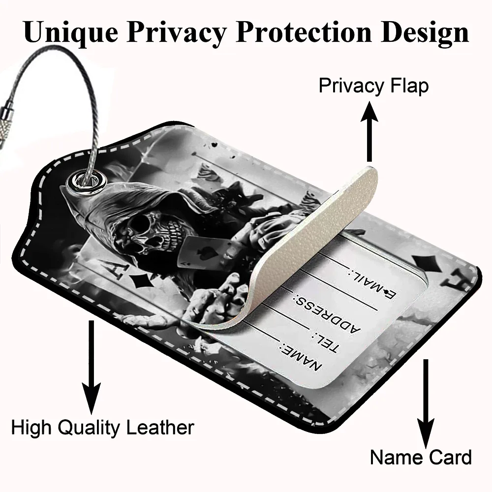 promotion étiquette de bagage en cuir à motif d'horreur, étiquette d'adresse pour valise, étiquette d'embarquement pour bagage, clip pour nom, identifiant et adresse