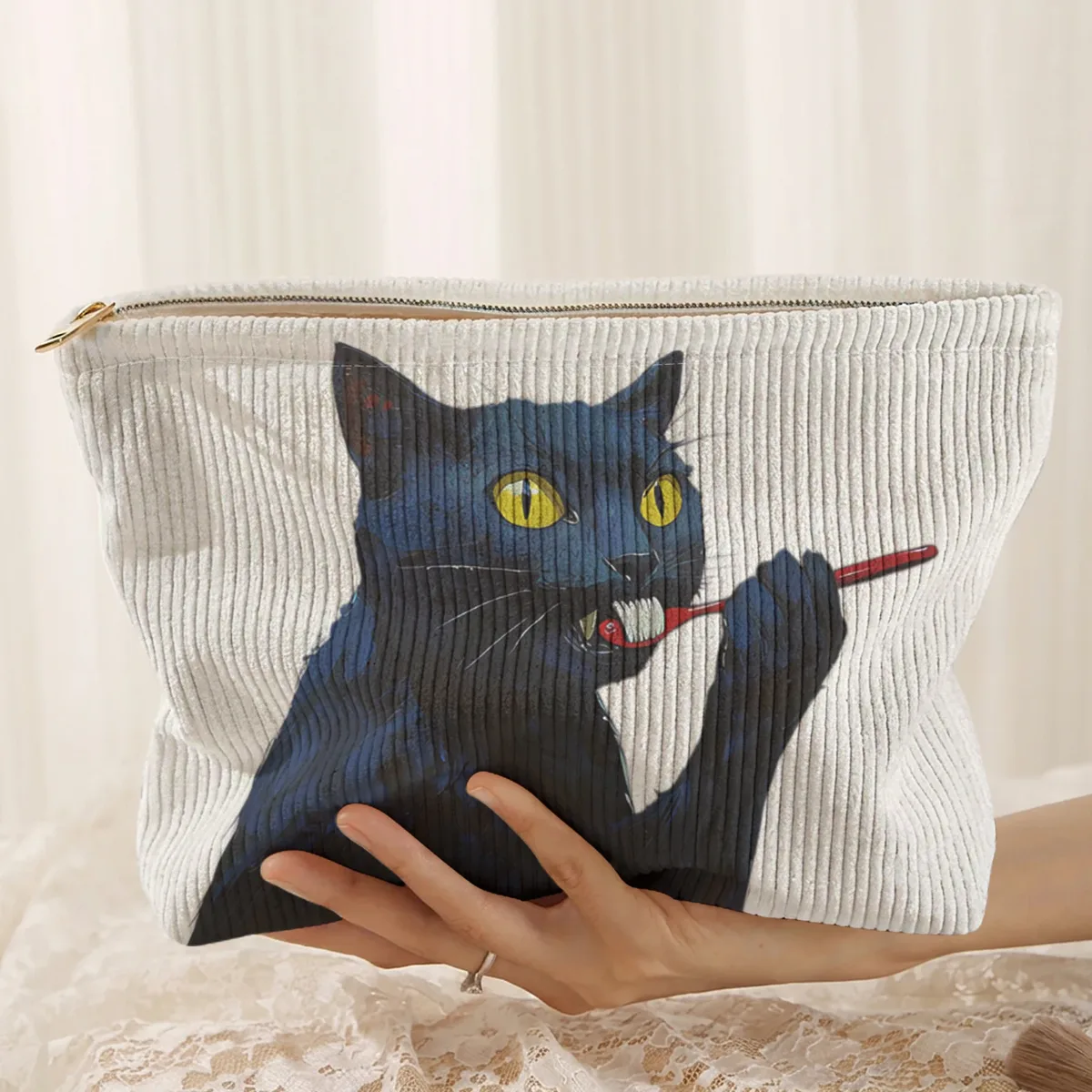 1 pièce, trousse de maquillage en velours côtelé à motif de chat noir, boîte de rangement légère à fermeture éclair, sac multifonctionnel avec doublure