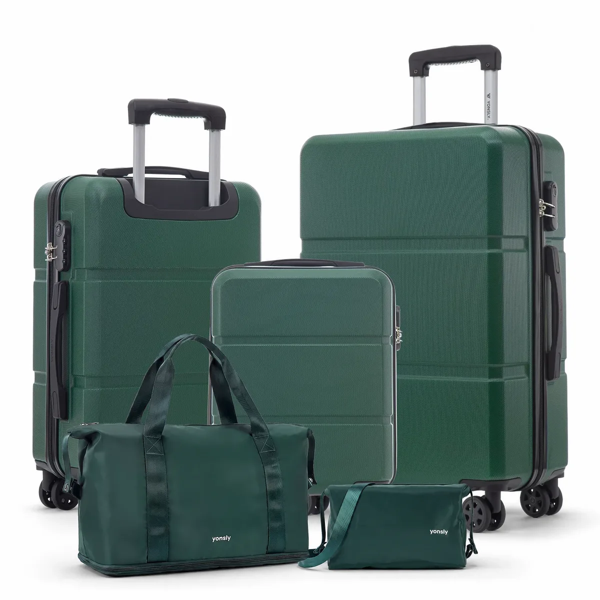 ensemble de valises yonsly 5 pièces 20/24/28 pouces, sac de voyage et trousse de toilette avec 4 roulettes 360° ° sac en maille avec serrure à combinaison, doubles fermetures éclair renforcées et poignée en caoutchouc souple pour les voyages longue distance en vacances.