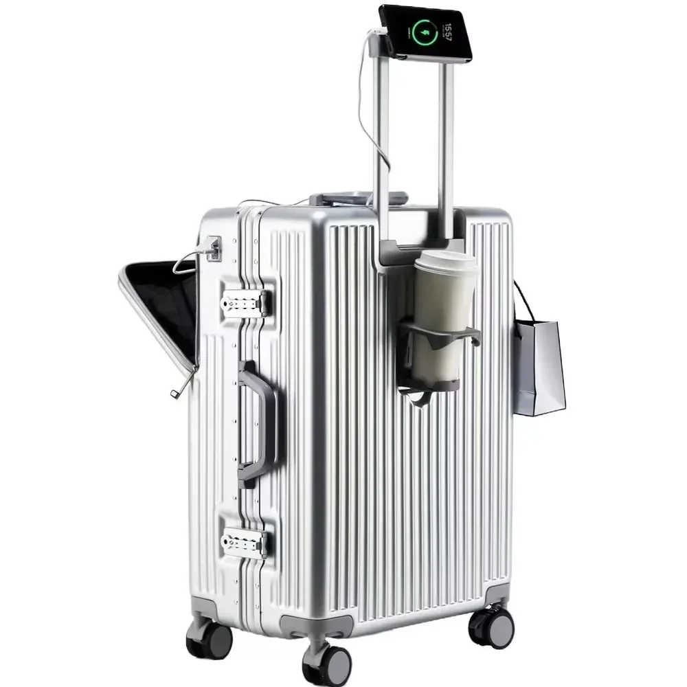 valise de cabine à roulettes avec cadre en aluminium, porte-gobelet usb, ouverture frontale et roues à frein pour une navigation aisée