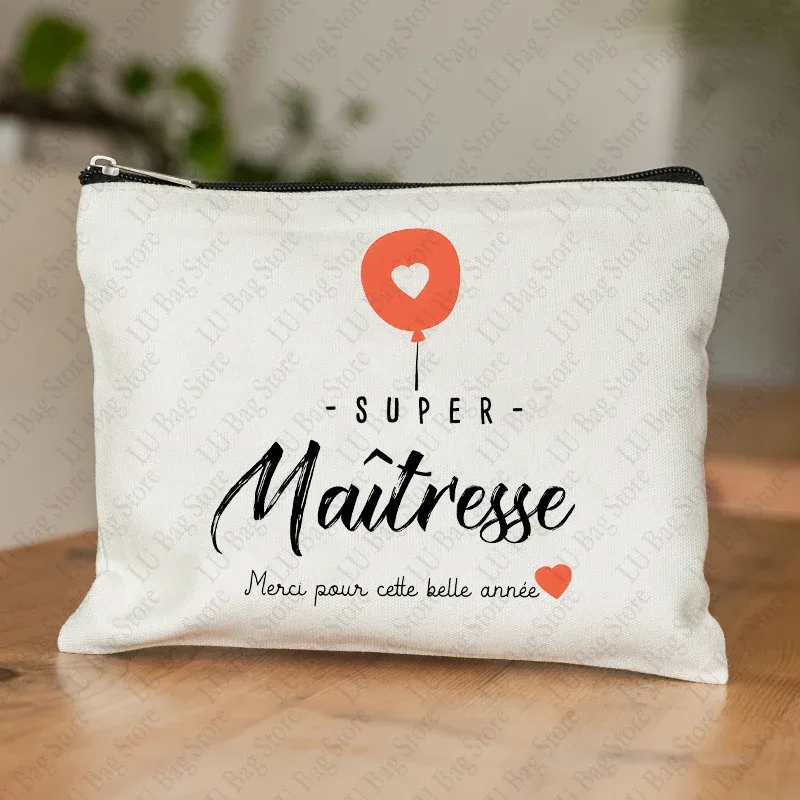 trousse de maquillage pour femmes, thème enseignant, étui à cosmétiques inspiré de maitresse avec motif éducatif de conception de style français, portefeuille pour le travail ou l'école