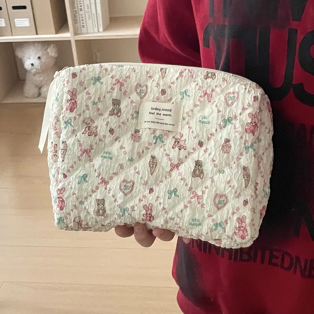 trousse de maquillage à imprimé floral mouton, grande capacité, sac de voyage portable, trousse de toilette mignonne à motif dessin animé, pochette de rangement portable