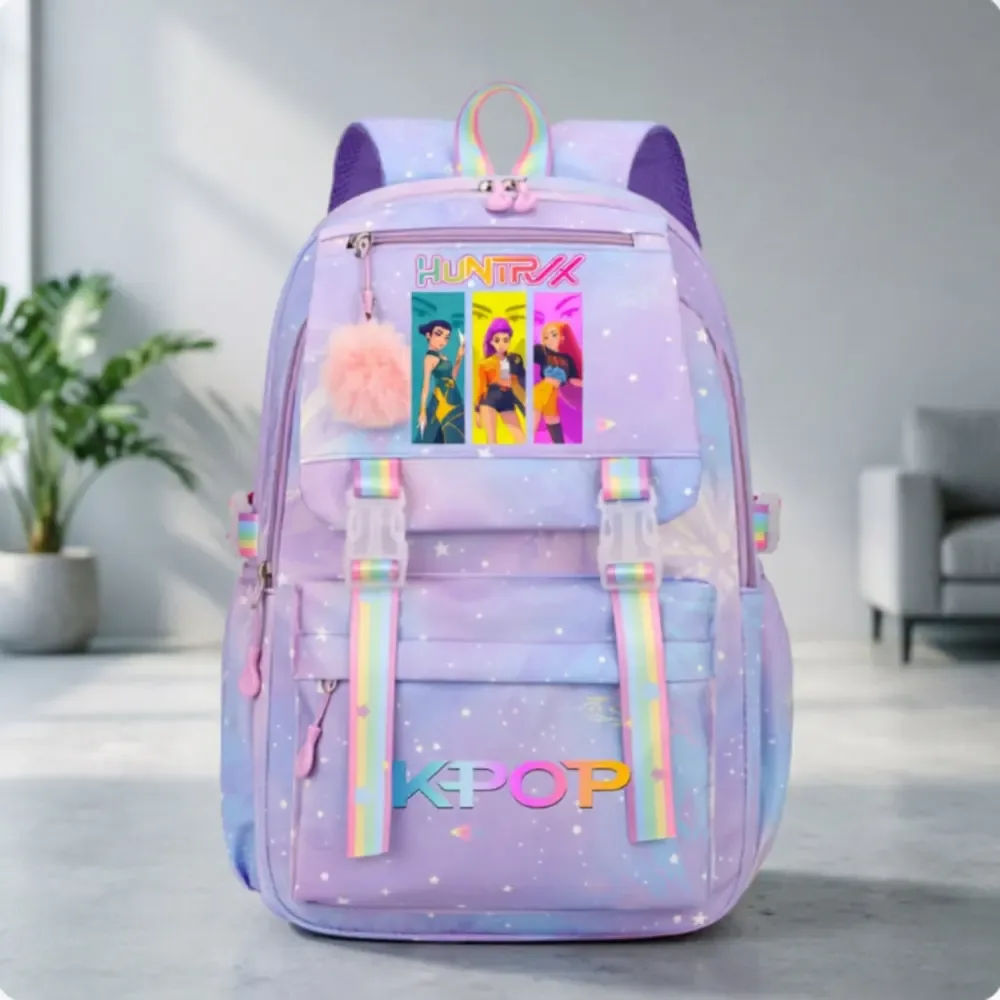Sac à dos d'école imprimé KPop Demon Hunters pour enfants, sac à dos simple en nylon de grande capacité pour filles, sac à dos pour ordinateur portable avec boucle pour adolescents