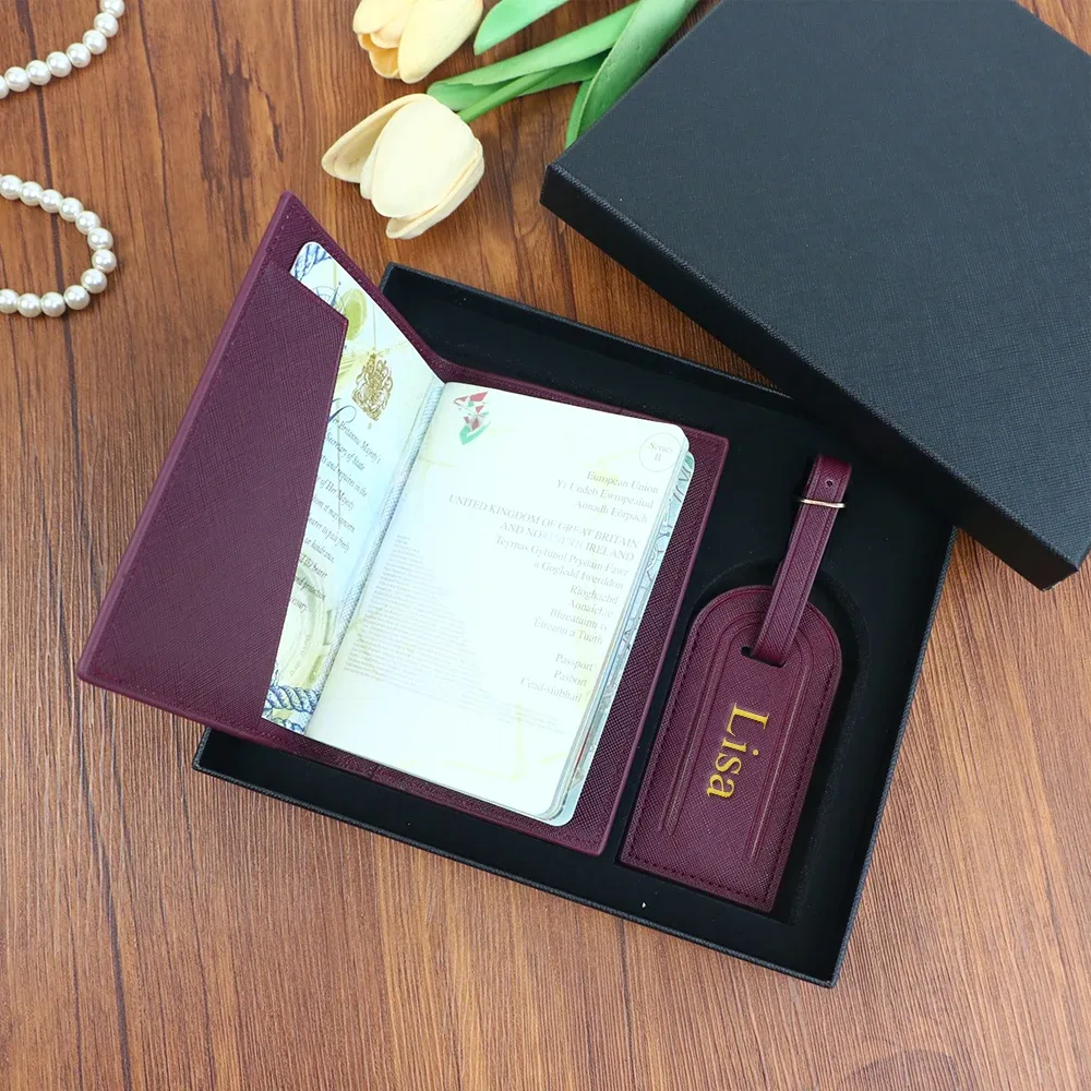 étiquette bagage cuir pu saffiano personnalisée lisa pochette passeport motif élégant voyage unisexe cadeau