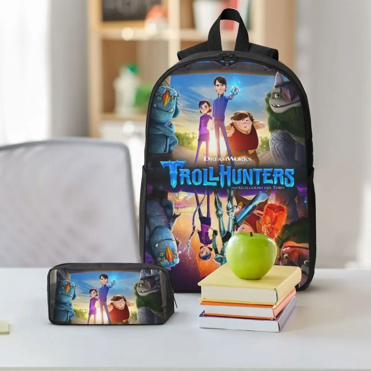 sac dos polyester impression trollhunters noire bandoulières ajustables poches latérales set pique-nique isolation aliments usage écolier voyage