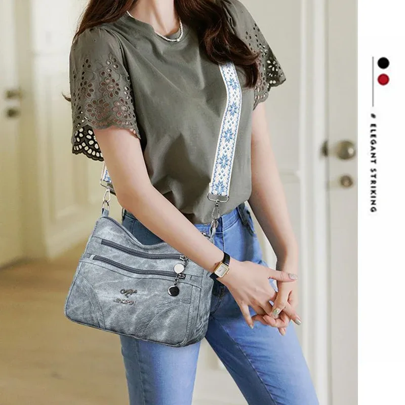 sac à bandoulière spacieux multi-poches pour femme, sac à bandoulière vintage en cuir souple avec sangle à motif ethnique pour la vie quotidienne