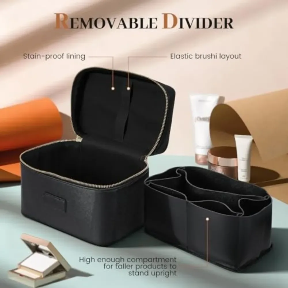 sac de maquillage en cuir pu, forme carrée, trousse de toilette étanche, grande capacité, séparateur amovible, sac de rangement pour appareil photo pour femmes et hommes