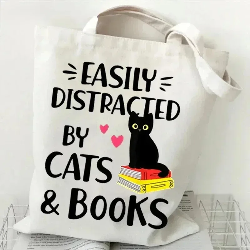 Sac à bandoulière en toile pour femme, motif « Just A Girl Who Loves Cats », sac de shopping, sac fourre-tout pour étudiante, sac à main motif chaton de dessin animé