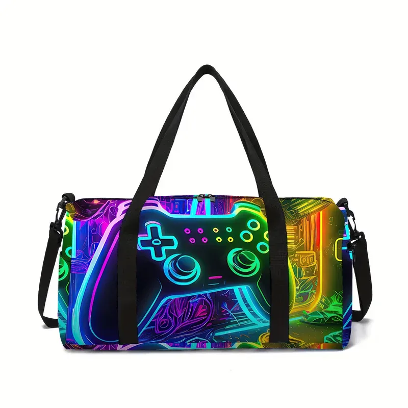 sac de voyage grande capacité pour enfants, motif manette de jeu néon, idéal pour garçons et filles, cadeau parfait, sac de voyage 2d dessin animé, sac à main pour enfants