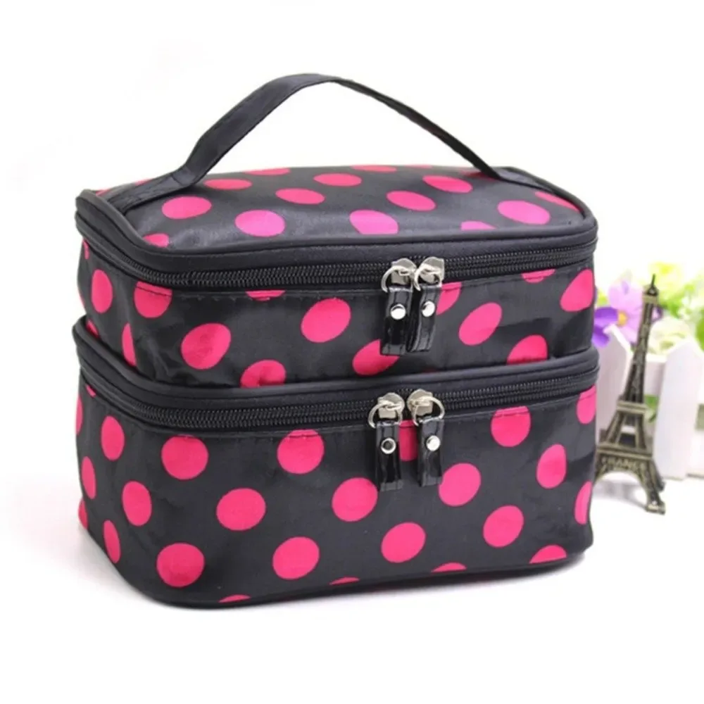 sac de maquillage double couche tendance, grande capacité, trousse de toilette portable, sac de maquillage de voyage à pois