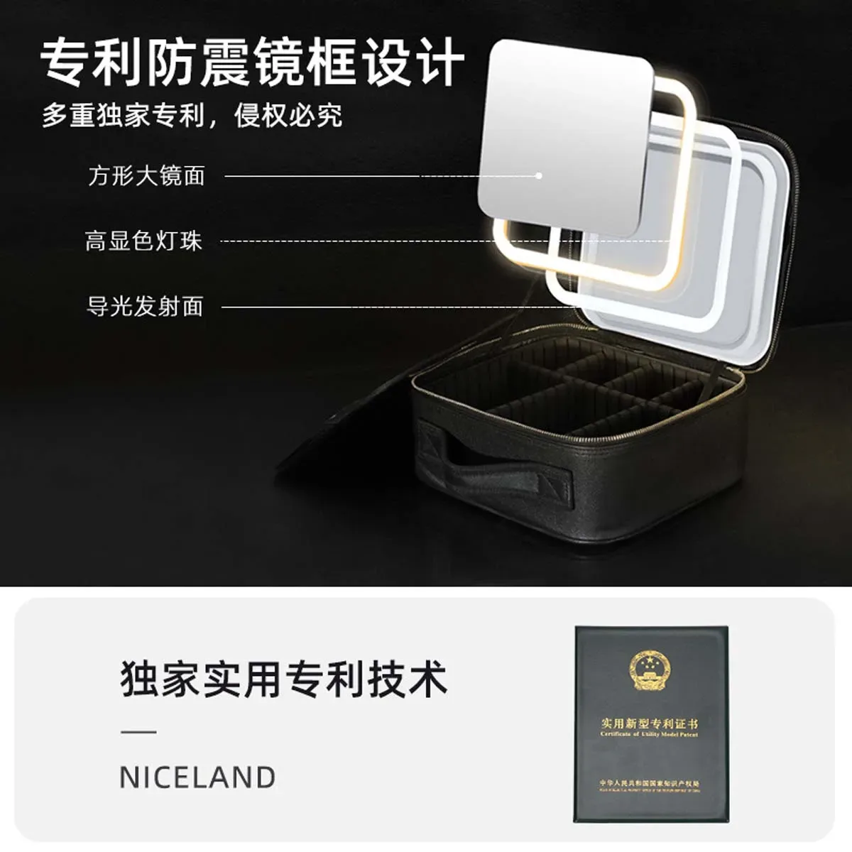 trousse toilette maquillage boîte miroir led rose compartiments noirs voyage grande capacité casual vintage