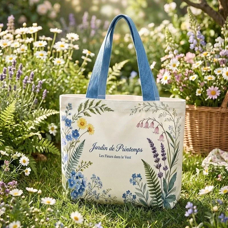 Sac fourre-tout en toile à motif floral de jardin printanier français, sac à main botanique à fleurs sauvages, sac à main portable pour le shopping quotidien et le travail pour femmes