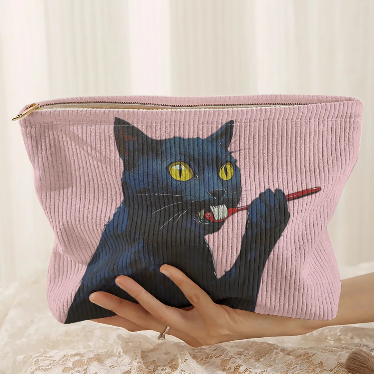 1 pièce, trousse de maquillage en velours côtelé à motif de chat noir, boîte de rangement légère à fermeture éclair, sac multifonctionnel avec doublure