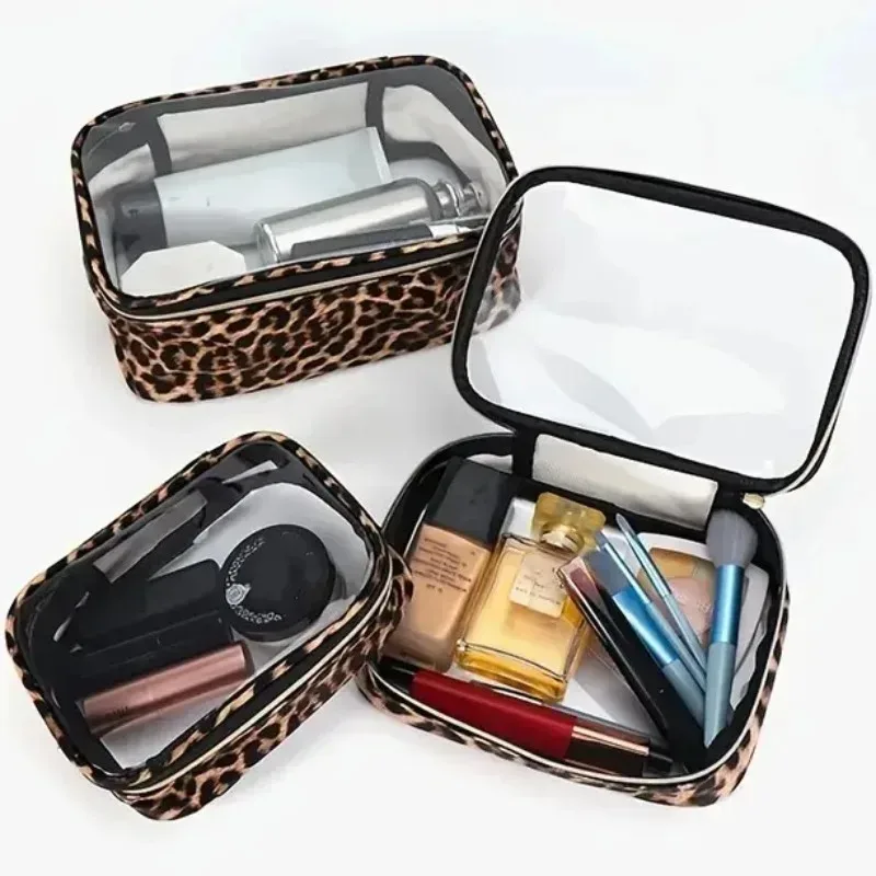 trousse de maquillage léopard imperméable grande capacité, 1/3 pièces, unisexe, transparente, pour voyage, organiseur de cosmétiques, trousse de toilette portable à fermeture éclair
