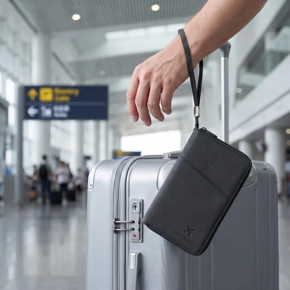 portefeuille de voyage en cuir anti-rfid pour passeports familiaux avec dragonne, emplacement pour stylo, organiseur de cartes, billets et documents – essentiels de voyage