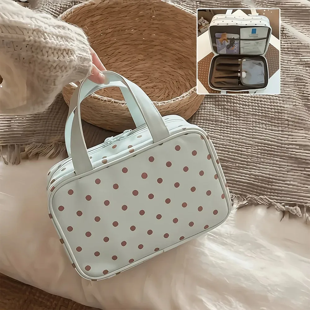 sac de maquillage à pois mignon, trousse de toilette de voyage grande capacité, sac cosmétique multi-poches à 3 niveaux pour les soins de la peau et les pinceaux cosmétiques