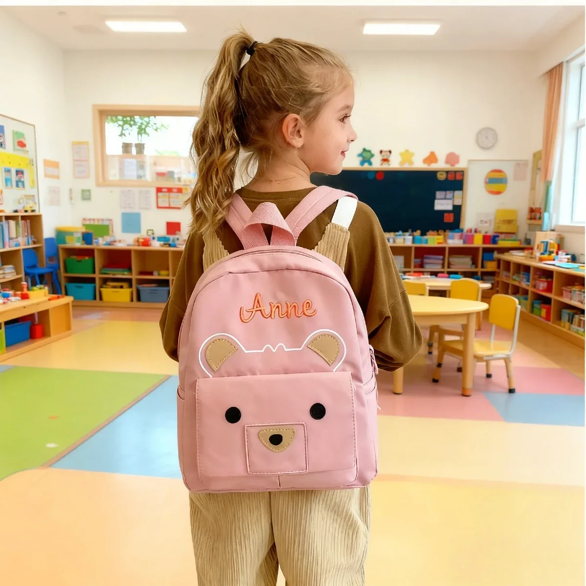 sac à dos de maternelle brodé avec un ours mignon, sac d'école personnalisé avec nom pour enfants, idéal pour l'école, les voyages quotidiens, cadeaux de rentrée scolaire pour enfants.