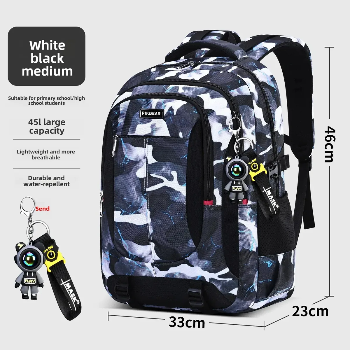 sac dos nylon camouflage bleu noir adolescents écoliers compartiment poches latérales fermeture éclair voyage
