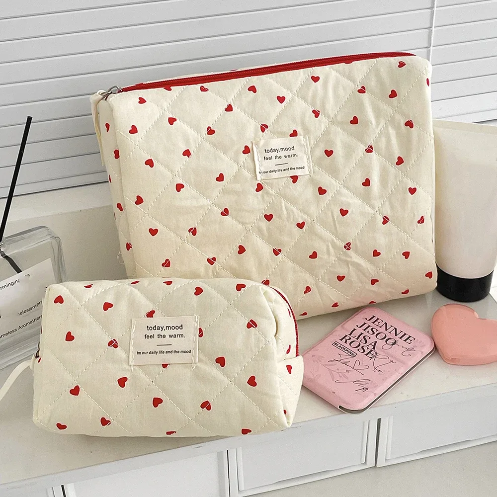 mode ins coeur femmes quilting sac de maquillage grande capacité toilette cosmétique pochette de rangement sac à main dames fermeture éclair sac de maquillage