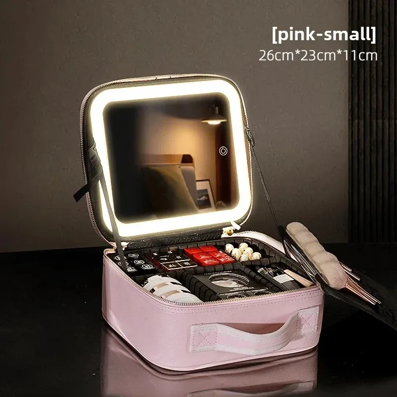 trousse de maquillage grande capacité avec miroir et lumière led, sac de retouche portable professionnel, style ins, couleur unie, autres matériaux