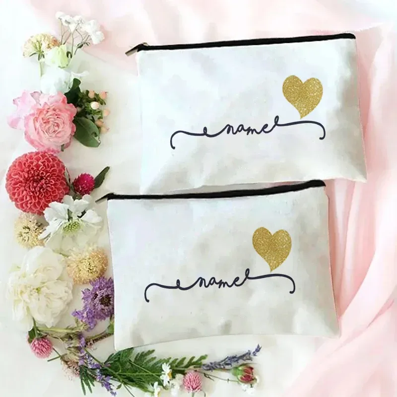 trousse de maquillage personnalisable en forme de cœur doré, pochette cosmétique, organisateur de voyage pour femmes, étui de rangement portable en toile pour articles de beauté