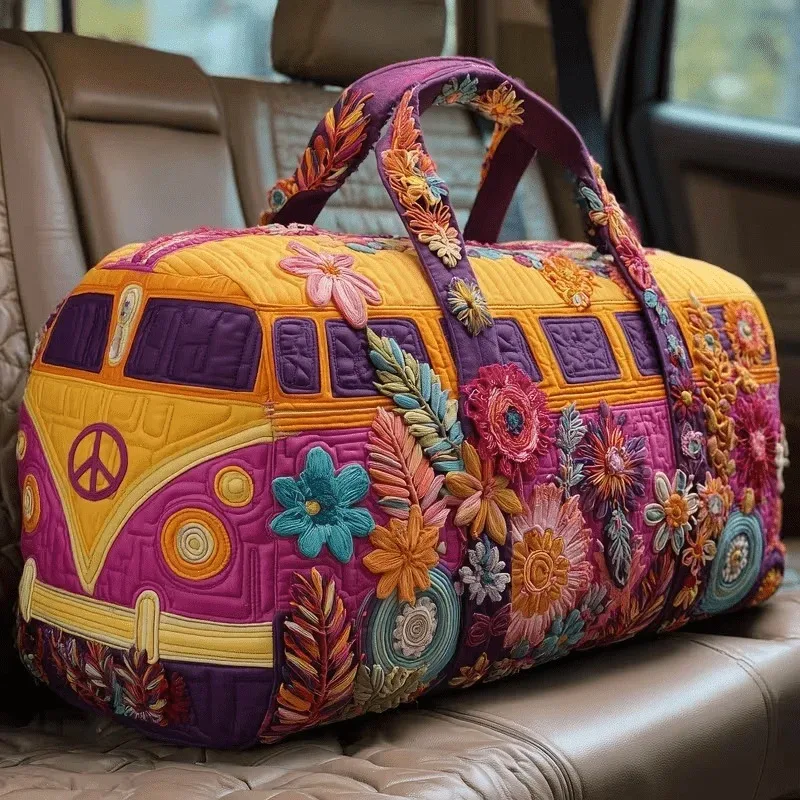 sac voyage polyester fleurs blancs symboles paix texturé poignées tissu sacoche hippie motifs colorés week end polyvalent