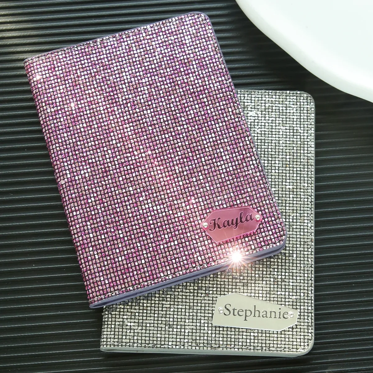 porte-passeport avec nom personnalisé, 1 pièce, avec boule disco, paillettes, porte-passeport unique personnalisé avec étiquette nominative miroir brillant