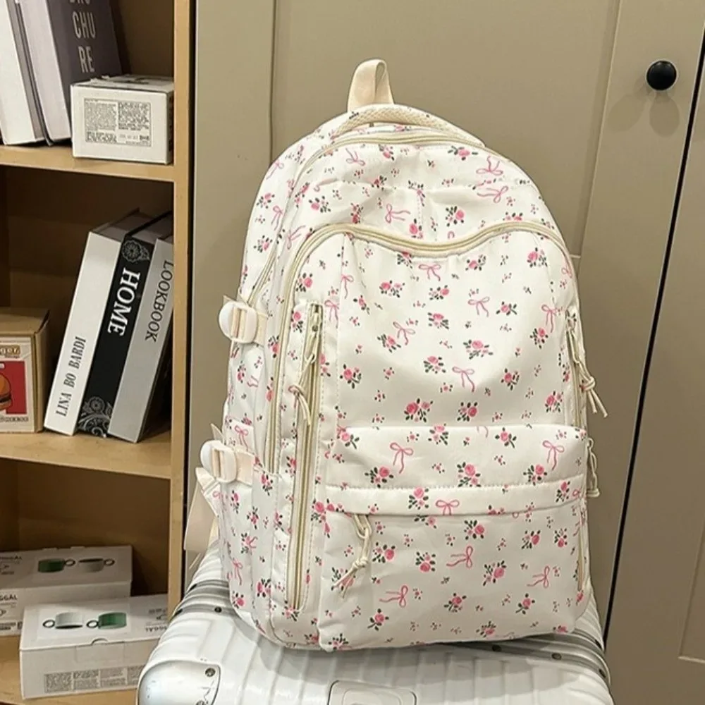 sac à dos mignon à imprimé floral de grande capacité, multi-poches, motif de nœud épaissi, sac d'école léger et durable, sac à dos de voyage