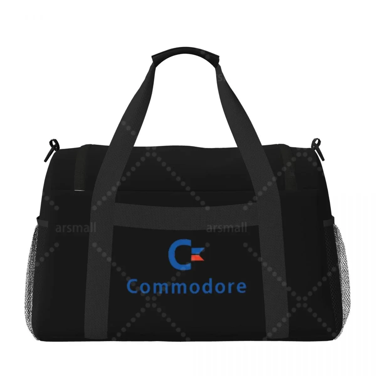 sac voyage polyester noir logo commodore bandes mesh poignées double usage voyage sport week end