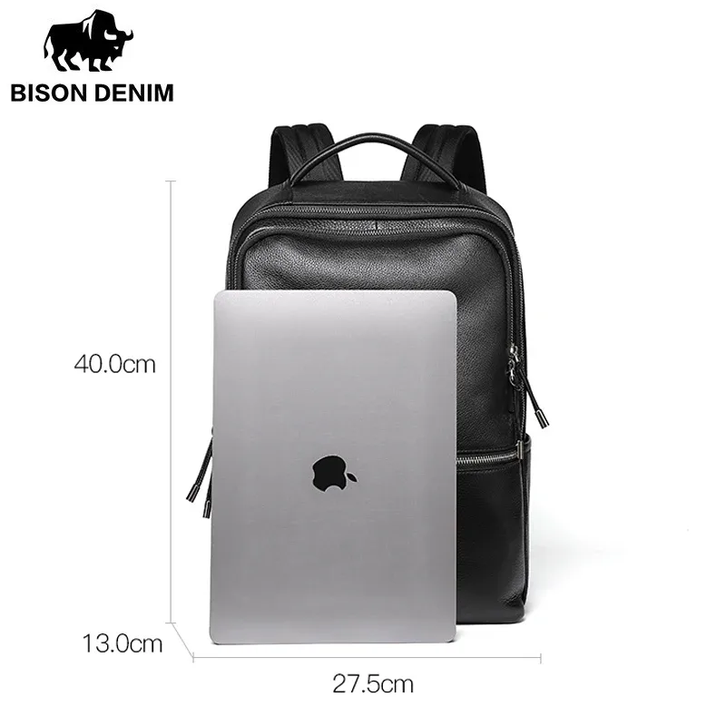 sac dos cuir vache texture rugueuse motif bison noir bandoulière arquée grande ouverture fermeture éclair usage voyage école travail