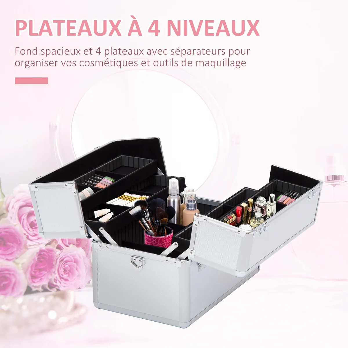 homcom mallette maquillage valise maquillage à 3 niveaux, boîte de cosmétiques avec clés, 36,5 x 24 x 29 cm, argent