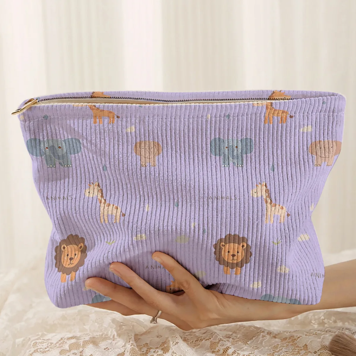 1. trousse de maquillage en velours côtelé à motifs animaliers, boîte de rangement légère à fermeture éclair, sac multifonctionnel avec doublure