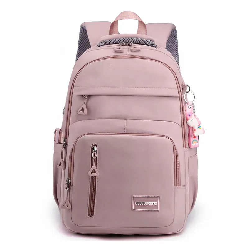 sac à dos d'école en nylon avec pendentif pour fille, cartable de voyage, multi-poches, imperméable, décontracté, style simple, pour adolescent
